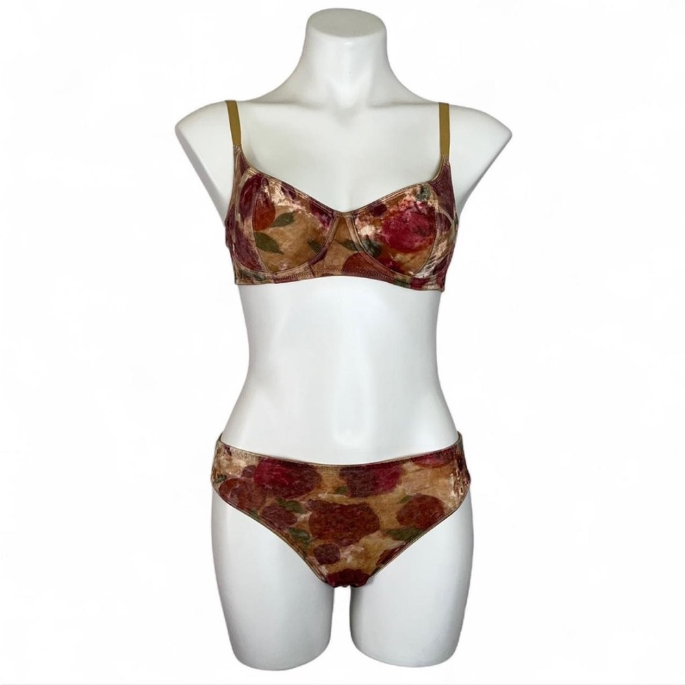 Vintage Victoria’s Secret Floral Velvet Velour Bra + Bikini-cut Panty Set 34C LG